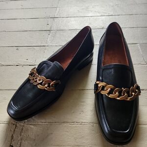Vionic Black Loafers with Gold Chain Detail